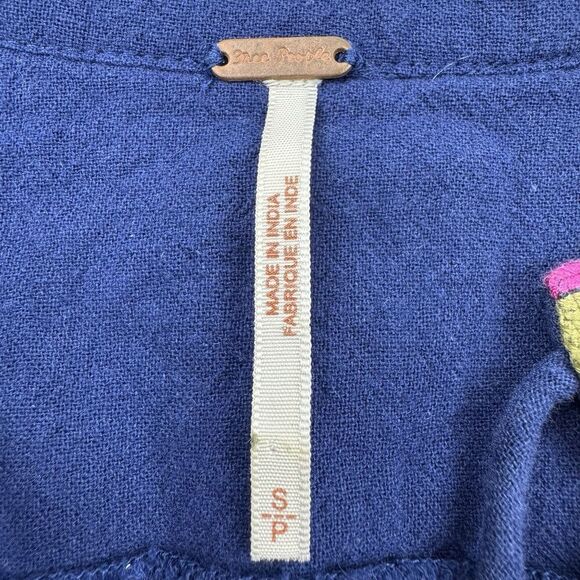 Free People Cherry Bomb Embroidered Peasant Blouse Navy Blue Pink Boho Top S - Picture 3 of 10